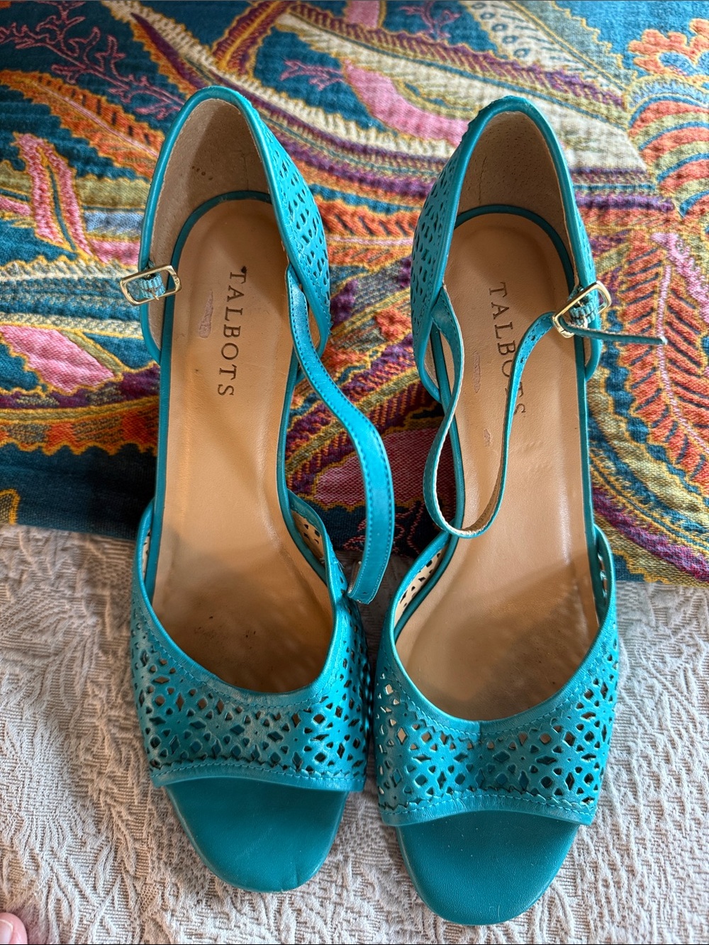 Talbots Turquoise Laser-Cut Ankle-Strap Heels